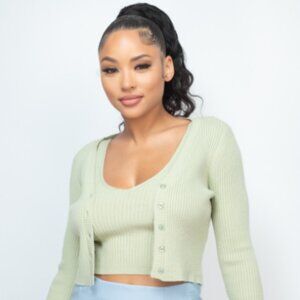2 Pcs Light Green Ribbed Cardigan and Crop Top Set